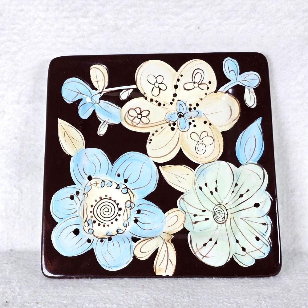 Pier 1 Cassidy Salad Luncheon Plate Blue Floral Brown 8.25" Square Replacement